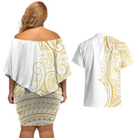 Polynesia White Sunday Couples Matching Off Shoulder Short Dress and Hawaiian Shirt Plumeria Polynesian Tribal Gold Color - Polynesian Pride
