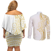 Polynesia White Sunday Couples Matching Off Shoulder Short Dress and Long Sleeve Button Shirt Plumeria Polynesian Tribal Gold Color - Polynesian Pride