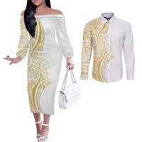 Polynesia White Sunday Couples Matching Off The Shoulder Long Sleeve Dress and Long Sleeve Button Shirt Plumeria Polynesian Tribal Gold Color - Polynesian Pride