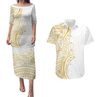 Polynesia White Sunday Couples Matching Puletasi and Hawaiian Shirt Plumeria Polynesian Tribal Gold Color - Polynesian Pride