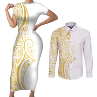 Polynesia White Sunday Couples Matching Short Sleeve Bodycon Dress and Long Sleeve Button Shirt Plumeria Polynesian Tribal Gold Color - Polynesian Pride