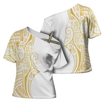 Polynesia White Sunday Cross Shoulder Shirt Plumeria Polynesian Tribal Gold Color - Polynesian Pride