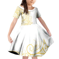 Polynesia White Sunday Family Matching Off Shoulder Short Dress and Hawaiian Shirt Plumeria Polynesian Tribal Gold Color - Polynesian Pride