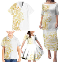 Polynesia White Sunday Family Matching Puletasi and Hawaiian Shirt Plumeria Polynesian Tribal Gold Color - Polynesian Pride