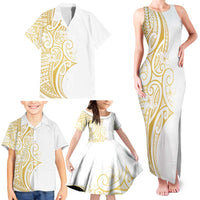 Polynesia White Sunday Family Matching Tank Maxi Dress and Hawaiian Shirt Plumeria Polynesian Tribal Gold Color - Polynesian Pride