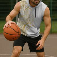 Polynesia White Sunday Sleeveless Hoodie Plumeria Polynesian Tribal Gold Color - Polynesian Pride