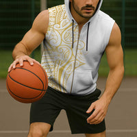 Polynesia White Sunday Sleeveless Zip Hoodie Plumeria Polynesian Tribal Gold Color LT14 - Polynesian Pride