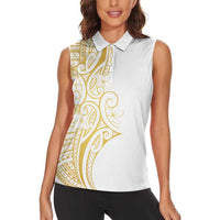 Polynesia White Sunday Women Sleeveless Polo Shirt Plumeria Polynesian Tribal Gold Color - Polynesian Pride