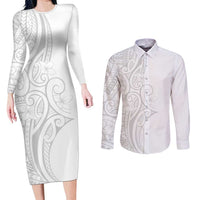 Polynesia White Sunday Couples Matching Long Sleeve Bodycon Dress and Long Sleeve Button Shirt Plumeria Polynesian Tribal Grey Color - Polynesian Pride