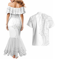 Polynesia White Sunday Couples Matching Mermaid Dress and Hawaiian Shirt Plumeria Polynesian Tribal Grey Color - Polynesian Pride