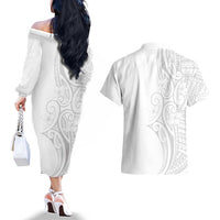 Polynesia White Sunday Couples Matching Off The Shoulder Long Sleeve Dress and Hawaiian Shirt Plumeria Polynesian Tribal Grey Color - Polynesian Pride