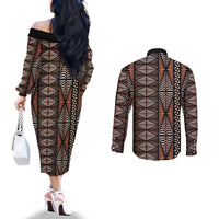Malo e lelei Tonga Couples Matching Off The Shoulder Long Sleeve Dress and Long Sleeve Button Shirt Tongan Ngatu Vintage Brown - Polynesian Pride