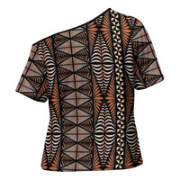 Malo e lelei Tonga Cross Shoulder Shirt Tongan Ngatu Vintage Brown LT14 - Polynesian Pride