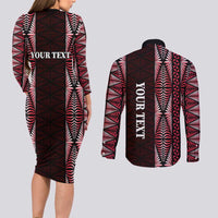 Tonga Rugby Personalised Couples Matching Long Sleeve Bodycon Dress and Long Sleeve Button Shirt 2025 Mate Maa Tonga Ngatu Motif - Polynesian Pride