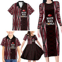 Tonga Rugby Personalised Family Matching Long Sleeve Bodycon Dress and Hawaiian Shirt 2025 Mate Maa Tonga Ngatu Motif - Polynesian Pride