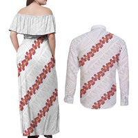 White Sunday Tonga Fakame Couples Matching Off Shoulder Maxi Dress and Long Sleeve Button Shirt Tongan Ngatu Heilala Lei - Polynesian Pride