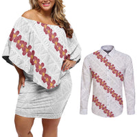 White Sunday Tonga Fakame Couples Matching Off Shoulder Short Dress and Long Sleeve Button Shirt Tongan Ngatu Heilala Lei - Polynesian Pride