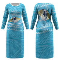 Aloha Hawaii Humuhumu Reef Triggerfish Family Matching Long Sleeve Bodycon Dress and Hawaiian Shirt Hawaiian Leis Kakau Pattern LT14 Mom's Dress Blue - Polynesian Pride