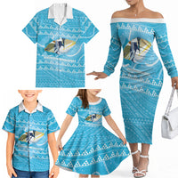 Aloha Hawaii Humuhumu Reef Triggerfish Family Matching Off The Shoulder Long Sleeve Dress and Hawaiian Shirt Hawaiian Leis Kakau Pattern LT14 - Polynesian Pride