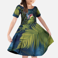 New Zealand Christmas Family Matching Tank Maxi Dress and Hawaiian Shirt Cute Kakapo Meri Kirihimete Maori Koru LT14 Daughter's Dress Blue - Polynesian Pride