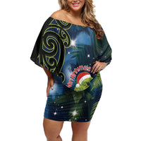 New Zealand Christmas Off Shoulder Short Dress Cute Kakapo Meri Kirihimete Maori Koru LT14 Women Blue - Polynesian Pride