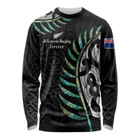 Personalised New Zealand Silver Fern Rugby Long Sleeve Shirt Paua Shell With Champions Trophy History NZ Forever LT14 Unisex Black - Polynesian Pride
