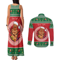 Personalized Hawaii Christmas Couples Matching Tank Maxi Dress and Long Sleeve Button Shirt Tiki Santa Mele Kalikimaka
