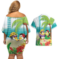 Hawaii Penguin Couple Couples Matching Off Shoulder Short Dress and Hawaiian Shirt Hawaiian Kakau - Tropical Summer Vibes