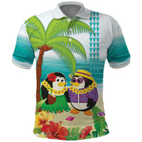 Hawaii Penguin Couple Polo Shirt Hawaiian Kakau - Tropical Summer Vibes LT14 Cyan - Polynesian Pride
