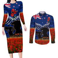 New Zealand ANZAC Day Couples Matching Long Sleeve Bodycon Dress and Long Sleeve Button Shirt 25 April Last Post Camouflage With Poppies LT14 Blue - Polynesian Pride