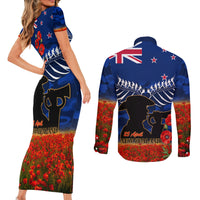 New Zealand ANZAC Day Couples Matching Short Sleeve Bodycon Dress and Long Sleeve Button Shirt 25 April Last Post Camouflage With Poppies LT14 - Polynesian Pride
