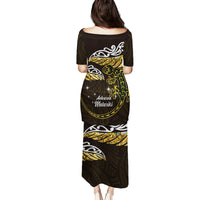 New Zealand Matariki Family Matching Puletasi and Hawaiian Shirt Maori New Year Silver Fern And Lizard - Gold
