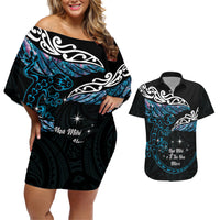New Zealand Matariki Couples Matching Off Shoulder Short Dress and Hawaiian Shirt Maori New Year Silver Fern And Lizard - Turquosie LT14 Turquoise - Polynesian Pride