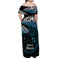New Zealand Matariki Off Shoulder Maxi Dress Maori New Year Silver Fern And Lizard - Turquosie
