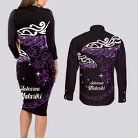New Zealand Matariki Couples Matching Long Sleeve Bodycon Dress and Long Sleeve Button Shirt Maori New Year Silver Fern And Lizard - Purple