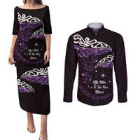 New Zealand Matariki Couples Matching Puletasi and Long Sleeve Button Shirt Maori New Year Silver Fern And Lizard - Purple LT14 Purple - Polynesian Pride