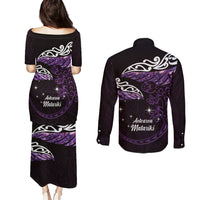 New Zealand Matariki Couples Matching Puletasi and Long Sleeve Button Shirt Maori New Year Silver Fern And Lizard - Purple LT14 - Polynesian Pride
