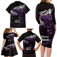 New Zealand Matariki Family Matching Long Sleeve Bodycon Dress and Hawaiian Shirt Maori New Year Silver Fern And Lizard - Purple