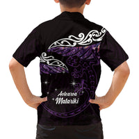 New Zealand Matariki Family Matching Off Shoulder Maxi Dress and Hawaiian Shirt Maori New Year Silver Fern And Lizard - Purple