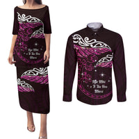 New Zealand Matariki Couples Matching Puletasi and Long Sleeve Button Shirt Maori New Year Silver Fern And Lizard - Pink LT14 Pink - Polynesian Pride