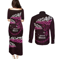 New Zealand Matariki Couples Matching Puletasi and Long Sleeve Button Shirt Maori New Year Silver Fern And Lizard - Pink LT14 - Polynesian Pride