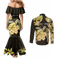 Personalised Aloha Hawaii Oahu Island Couples Matching Mermaid Dress and Long Sleeve Button Shirt Gathering Place Sea Turtle Ilima Flowers