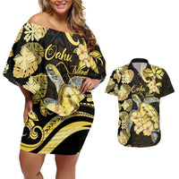 Personalised Aloha Hawaii Oahu Island Couples Matching Off Shoulder Short Dress and Hawaiian Shirt Gathering Place Sea Turtle Ilima Flowers