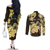 Personalised Aloha Hawaii Oahu Island Couples Matching Off The Shoulder Long Sleeve Dress and Long Sleeve Button Shirt Gathering Place Sea Turtle Ilima Flowers