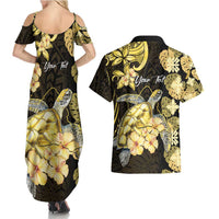 Personalised Aloha Hawaii Oahu Island Couples Matching Summer Maxi Dress and Hawaiian Shirt Gathering Place Sea Turtle Ilima Flowers