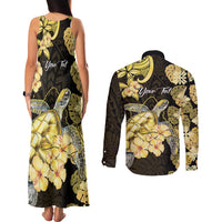 Personalised Aloha Hawaii Oahu Island Couples Matching Tank Maxi Dress and Long Sleeve Button Shirt Gathering Place Sea Turtle Ilima Flowers