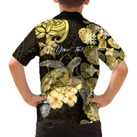 Personalised Aloha Hawaii Oahu Island Family Matching Off The Shoulder Long Sleeve Dress and Hawaiian Shirt Gathering Place Sea Turtle Ilima Flowers