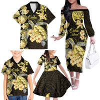 Personalised Aloha Hawaii Oahu Island Family Matching Off The Shoulder Long Sleeve Dress and Hawaiian Shirt Gathering Place Sea Turtle Ilima Flowers