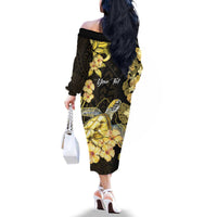 Personalised Aloha Hawaii Oahu Island Family Matching Off The Shoulder Long Sleeve Dress and Hawaiian Shirt Gathering Place Sea Turtle Ilima Flowers