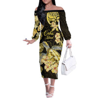 Personalised Aloha Hawaii Oahu Island Off The Shoulder Long Sleeve Dress Gathering Place Sea Turtle Ilima Flowers